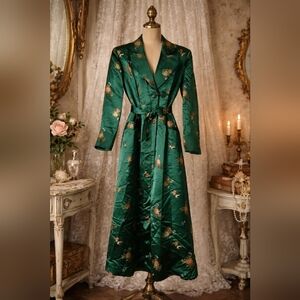 Vintage 1940s Peony Brand Emerald Green Silk Dressing Gown Robe S